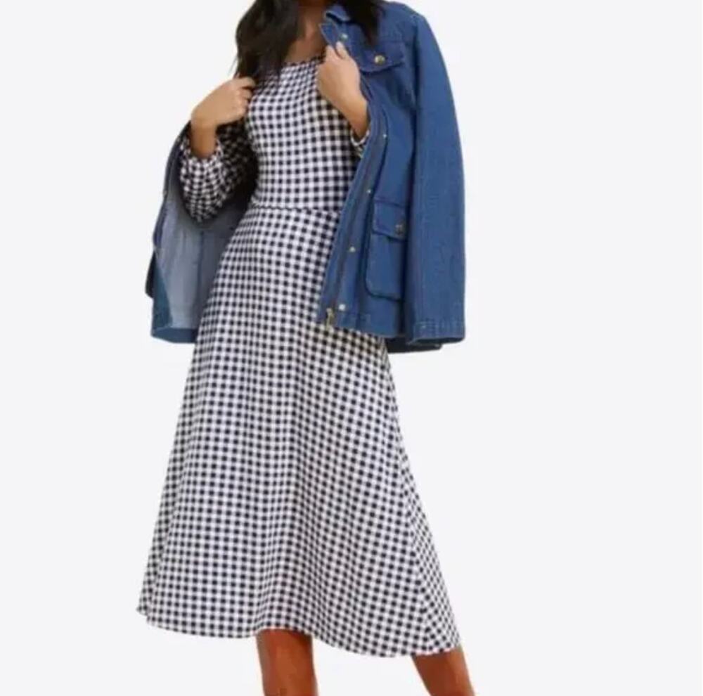 Draper James Fit & Flare Gingham Jersey Midi Dress S Small Navy Blue White